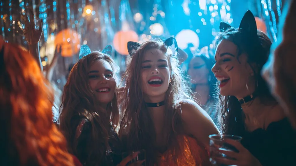 Women in cat ears enjoy a festive halloween party