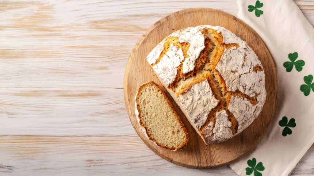 Round loaf of rustic bread with one slice cut, on a wooden board next to a napkin decorated with green shamrocks.