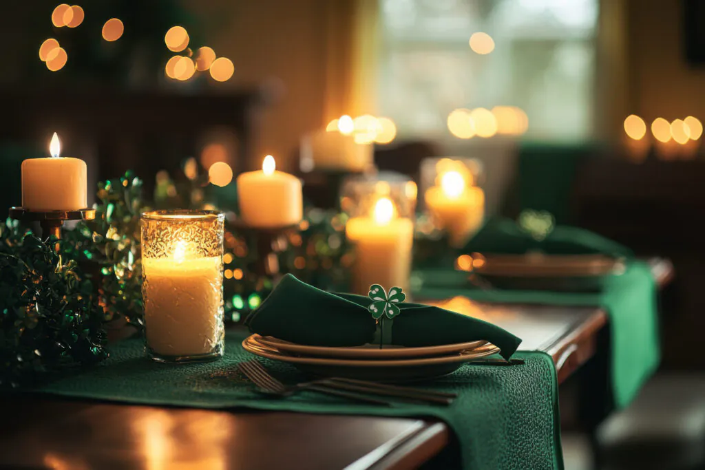 A festive dining table decorated with green napkins, shamrock napkin rings, and glowing candles, creating a warm St. Patrick’s Day atmosphere.